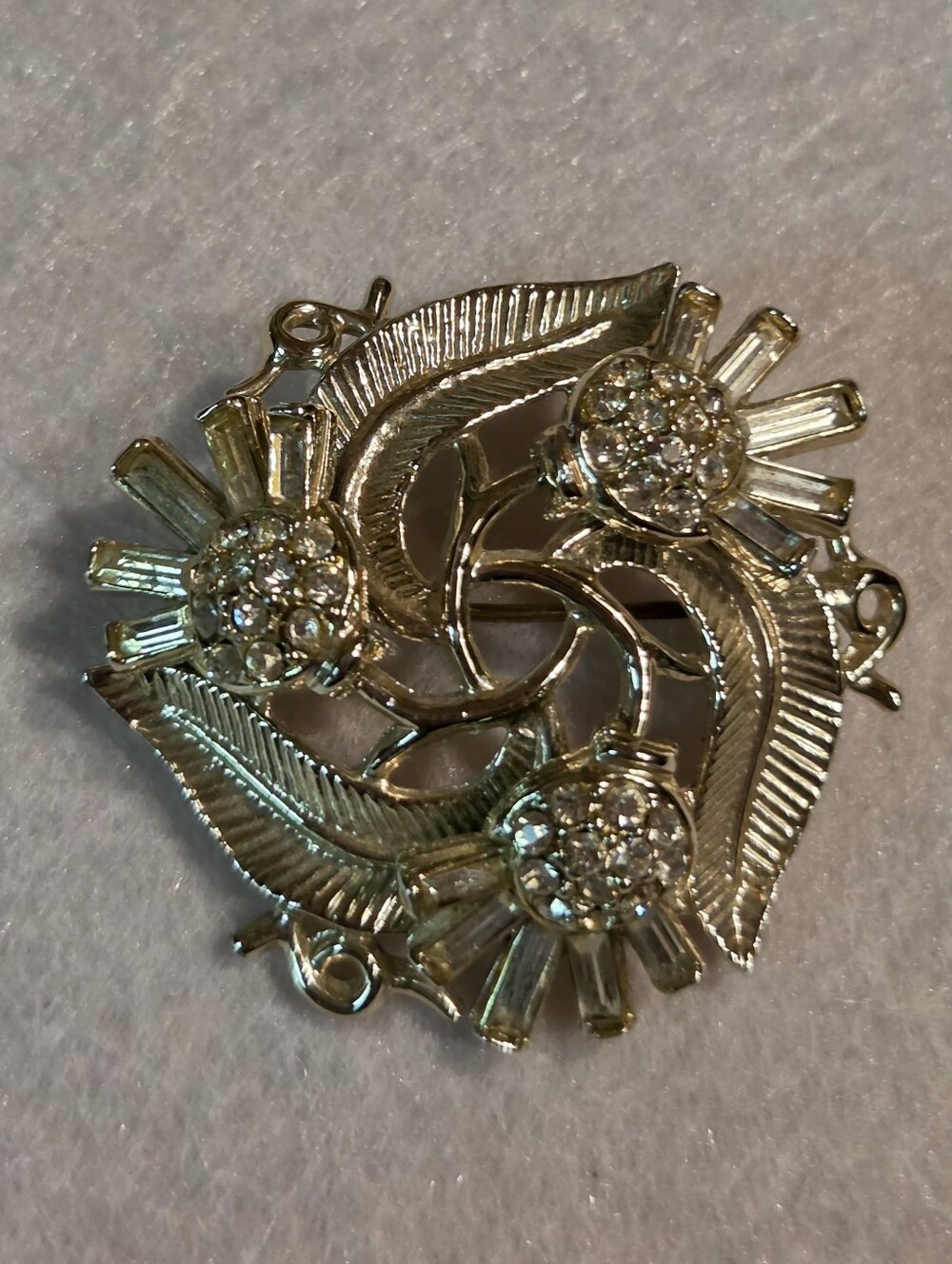 Vintage Gold-Tone Floral Thistle Brooch with Crystal Accents